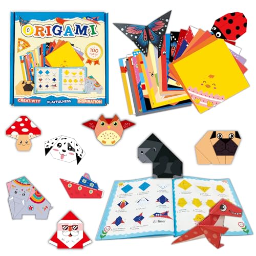 Origami Kit for Kids Ages 5-8 8-12 100 Sheets Double Sided Colorful Folding Paper (45 Patterns2+10Blank) with Clear Guiding Book Animals Dinosaur Art Activity DIY Craft Set Gift for Girls Boys