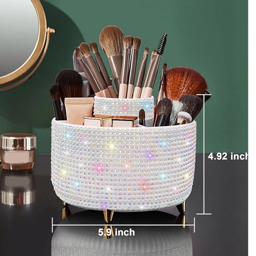 Image of Diesisa Bling Diamond 360 Makeup Brush Holder Organizer, Rotating Makeup Brush Organizer,5 Slot Make up Brushes Cup for Cosmetics, Vanity Desktop Organizer, Gift for Women Teen Girls- Diamond White