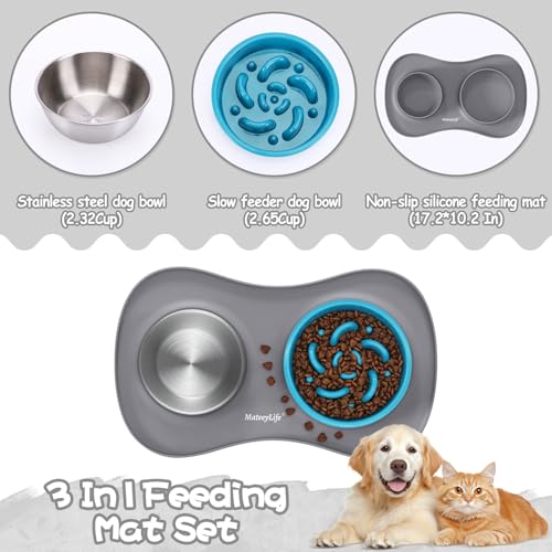 MateeyLife Dog Food and Water Bowl Set 3 in 1, Dog Bowls Slow Feeder & Stainless Steel Water Bowl with Non-Spill Silicone Mat, Cat and Puppy Bowls Pet Dishes for Small Medium Large Breed Anti-Choking - Image 3