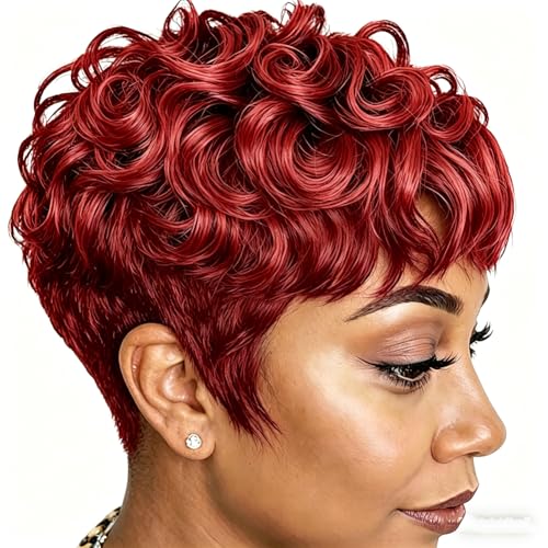 BingSing Red Short Curly Wig for Black Women Synthetic Hair Pixie Cut Wigs
