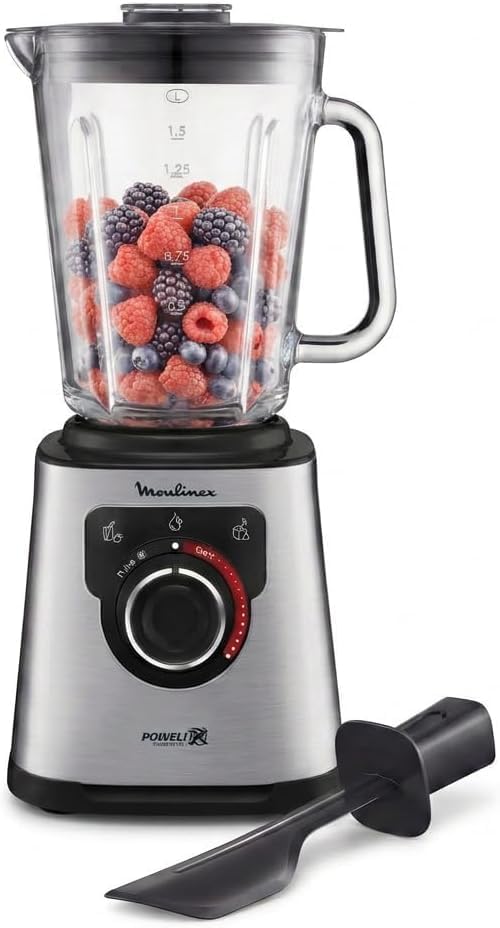 Moulinex PerfectMix Inox, Batidora de vaso, Alta velocidad, Tecnología de cuchillas Powelix, Fácil de limpiar, 1200 W, Jarra de vidrio termorresistente, 2 L, LM811AMZ