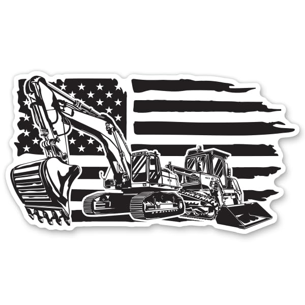 Construction Vehicles Sticker - 3" Laptop Sticker - Waterproof Vinyl for Car, Phone, Water Bottle - Work Site American Flag Excavator Decal
