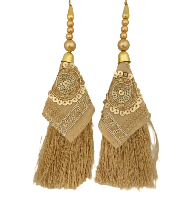 Shoppingover Golden Beige latkan for Blouse Tassels Handmade Hanging for Saree Pallu Dupatta (Pack of 2 Latkans)-picture-34