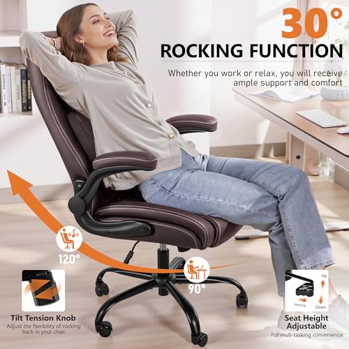 Image of Office Desk Chair, Ergonomic Lumbar Support for Lower Back Pain | Executive Leather Home Chair Comfy with Padded Flip-up Armrests, Coffee, 2-Pack