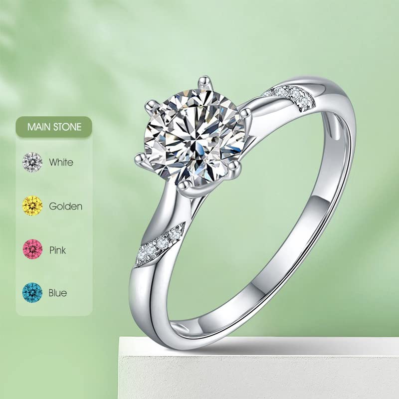 Christmas Gifts for Wife White/Pink/Yellow/Green/Black/Blue Moissanite Rings Wedding Promise Ring for Her 18K White Gold Plated 925 Sterling Silver 1.0ct Round Lace Design Moissanite Rings for Women (Size 5-10)2