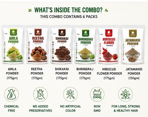 Image of Herbal Hair Powder Combo for Hair Growth & Hair Fall Control | Amla, Reetha, Shikakai, Bhringraj, Hibiscus & Jatamansi Powder | Natural Hair Care Combo Pack | Chemical Free | 6 Packs