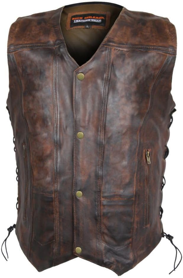 High Mileage Mens Distressed Premium Cowhide Ten Pocket Leather Motorcycle Vest with Dual Conceal Carry Pockets