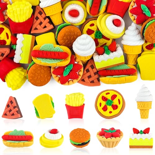 30 pcs Food Erasers for Kids Desk Pets 3D Take Apart Pencil Erasers Puzzle Erasers Classroom Prizes for Kids Class Treasure Box Game Rewards Party Favors