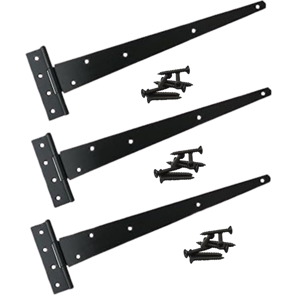 Epsom Door Handle 24" Medium Tee Hinges Pack of 3 Black Japanned or Galvanised Heavy Duty Steel with Screws Rust-Resistant Hinges for Wooden Gates Sheds Fences Barns Outdoor Doors (Black Japanned)