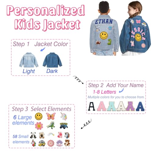 Personalized Kids Denim Jacket with Names - Custom Long Sleeve Jean Jacket with Name Patches for Girls & Boys 1-14 Years Back to School Birthday Christmas Gifts3