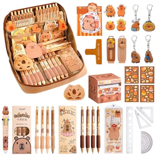 Capybara Stationery Set Capybara Pencil Case Back to School Stationery Set with Pens Ruler Eraser Sticky Notes Sticker Brooch and More Cute School Stuff Gifts for Office School Boys Girls Kids