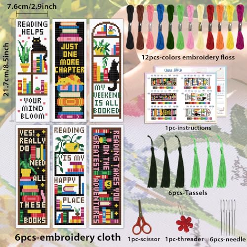 Image of ACRNIGHEET 6PCS Cross Stitch Bookmark Kit for Beginner Stamped Cross Stitch Kits for Adults Bookshelves DIY Tassel Embroidery Bookmark Kits Needlepoint Kit with Instructions Craft Gift 8.5''x3'' 11CT