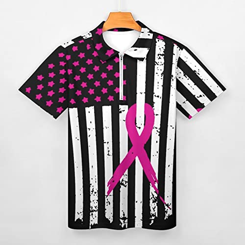 Pink Ribbon Breast Cancer Awareness Flag Men's Polo-Shirts Short Sleeve Golf Shirt Slim Fit Casual Zip T-Shirts Tops3