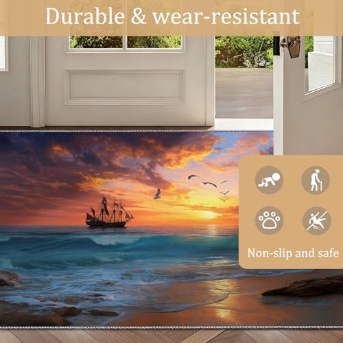 Tapis large marron 160 x 230 cm avec motif paysage de vagues pour salon