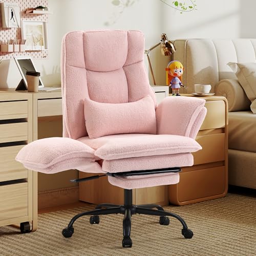 Image of Wider Seat Office Chair with Flip Armrests for Criss Cross Legged&Cats, Big and Tall Executive Ergonomic Reclining Chair with Footrest&Lumbar Pillow, Teddy Fleece Desk Chair, Pink Vanity Chair