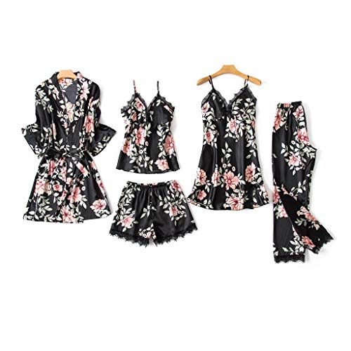 Pyjama en satin avec short et peignoir en dentelle | Lot de 5 pièces de nuit pour femme - 4