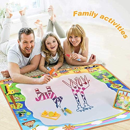 lenbest Water Drawing Mat - 39.4×39.4 inch Aqua Magic Water Doodle Mat with Drawing Booklet | Magic Pens | Magic Roller | Stamps, Educational Toys Gift for Kids Toddlers Age 3+