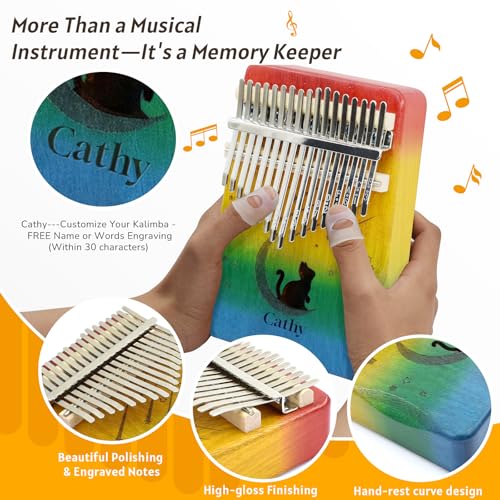 Image of 17 Key Kalimba Thumb Piano - Personalized with Your Name & Sweet Words, Engravable Finger Piano, Perfect Musical for Birthdays & Holidays-Moon Cat-E-2