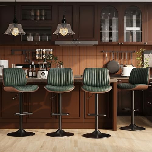 Image of MALOL Bar Stools Set of 4, Adjustable Counter Height Bar Chairs 26 inch-34.5 inch with Swivel & Footrest, Modern Faux Leather Barstools for Kitchen Island, Dining Room,Pub,Green