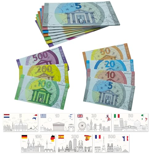 Billet de Banque Factice x70 - Argent Fictif Euro et Monument à Colorier 7 Pays Europe - Jeu Educatif Coloriage Enfant Fausse Monnaie Apprentissage Faux...