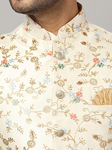Image of Uri and MacKenzie Men's Silk Blend Regular Kurta Churidar Pyjama with Bundi Nehru Jacket /Waistcoat