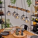  Lámpara de suspensión Ripoll de HOFSTEIN, de 5 luces de metal/madera/cristal en negro/natural/cromo/ahumado, retro/boho con pantallas de cristal, vigas de madera, 150 cm, E27, comedor, salón, cocina