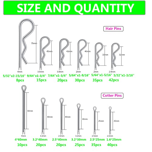 Cotter Pins Assortment Kit,Hincell 300Pcs Zinc Plated Steel Cotter Pin Hair Pin Hitch Pin Clips Fastener Fitting Assortment Kit, Multiple Sizes Hair Pins R Clips Fastener Set For Home Or Car #TOP1