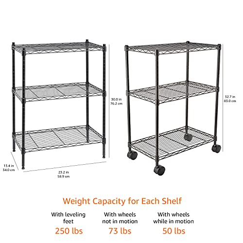 Amazon Basics 3-Shelf Narrow Storage Unit On Wheels With Height Adjustable Shelves and Levelling Feet, 340 kg Max Weight, Black, 34 cm D x 58.9 cm W x 83.2 cm H - Image 4