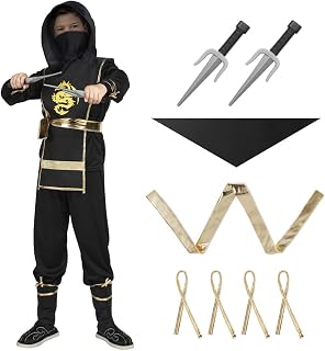 AOOWU Ninjago Kostüm, Ninja Kostüm Kinder mit Doppelschwert, Goldenes Drache Ninjago Kostüm Kinder Jungen für Themenpartys Halloween Kostüm Verkleiden Kostüm KinderNinja Rollenspiel9(S)