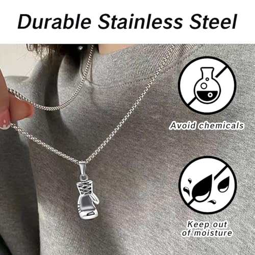 Boxing Necklace for Men Stainless Steel Glove Pendant Gloves Chain Jewelry Charm Boxing Glove Pendant Necklace for Men Punk Style Boxing Glove Chain, Silver3