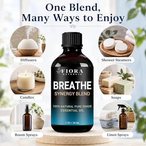 Image of Breathe Essential Oil for Diffuser, 100% Natural Pure Grade Synergy Blend with Eucalyptus, Peppermint, Tea Tree, Lemon, Pine Needle, Cardamom & Laurel Leaf, Refreshing Blend for Aromatherapy