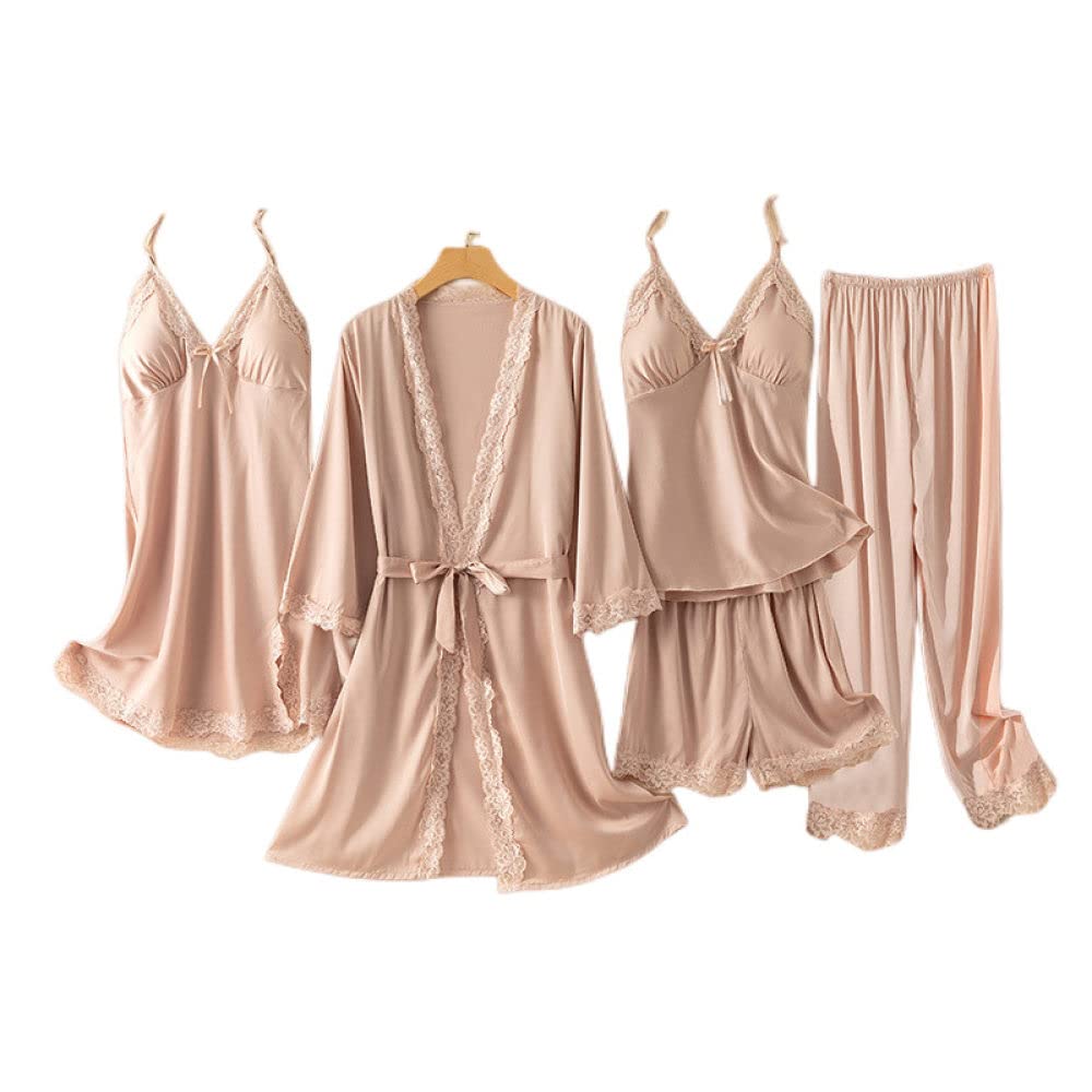 Accappatoio Donna,5 Pezzi Set Accappatoio Kimono In Raso Estate Sexy Pizzo Scollo A V Vestaglia Camicia Da Notte Pantaloncini Canotta Set Tinta Unita Abito Pigiama Sposa Vestaglia Bademantel Damen,P