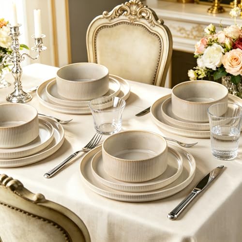 Image of Stoneware Dinnerware Sets, Plates and Bowls Sets for 4, 12-Piece Ribbed Dishes - Chip & Scratch Resistant, Microwave and Dishwasher Safe Tableware, Beige