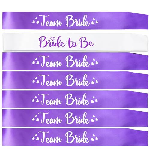 COOQNNB 6 Purple Team Bride Sashes,1 White Bride to Be Sash, Bachelorette Party Sash 7psc set, Wedding Party Gift for Bridesmaids,Bridal Shower Sashes