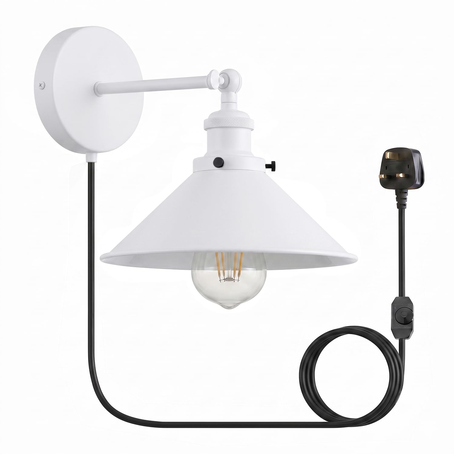 Ledsone White Retro Plug In Wall Light Lamp, Swing Arm Wall Light