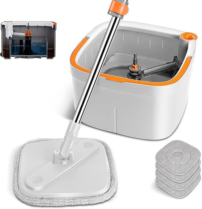 Square Spin Mop M16, Self-Wringing 360° Rotating Microfiber Head, Square Mop and Bucket with Wringer Set, Spin Mop and Bucket Separate Clean and Dirty Water