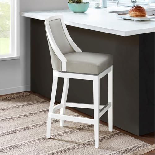 Image of Ellie Bar Height Stool with Backrest - Light Gray Upholstered Seat, White Rubberwood Frame, 360 Memory Return Swivel, and Metal Kick Plate - Modern Kitchen & Home Bar Seating by Alaterre Furniture