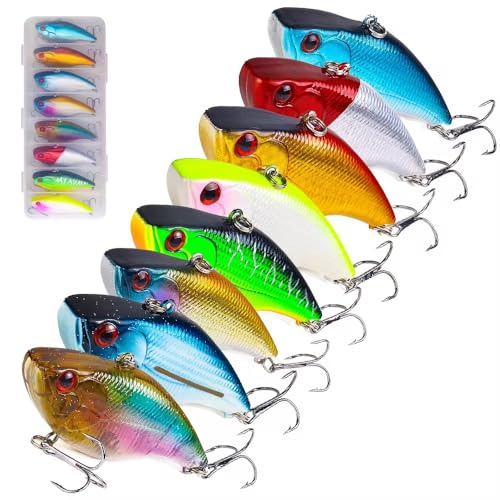 8-Piece Lipless Crankbait Vib Fishing Lure Set with Tackle Box - Rattle Bait VIB Lures for Freshwater and Saltwater Bass Fishing - Vibrating Hard Baits with Treble Hooks | Thrive Tackle