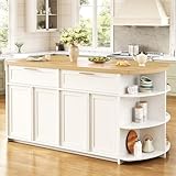 HSH 63” Large Kitchen Island with Storage & Seating, Modern Counter Height Island Table with 2 Drawers & Cabinets, 3 Oval Open Shelves, Stationary Island Prep Table for Kitchen Dining Room, Light Oak