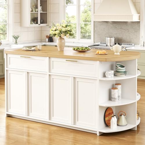 HSH 63” Large Kitchen Island with Storage & Seating, Modern Counter Height Island Table with 2 Drawers & Cabinets, 3 Oval Open Shelves, Stationary Island Prep Table for Kitchen Dining Room, Light Oak