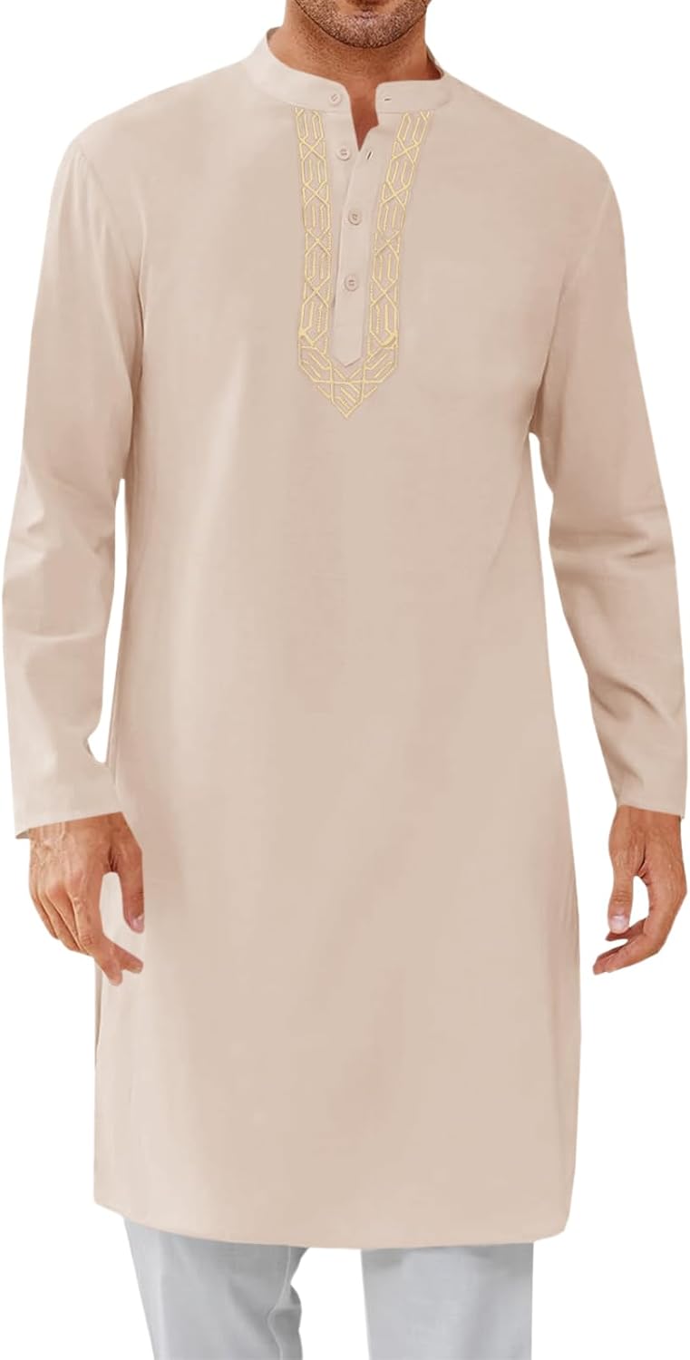 Runcati Mens Kaftan Thobe Button Down Casual Henley Shirts Long Sleeve Robe Cotton Linen Muslim Gown Shirt