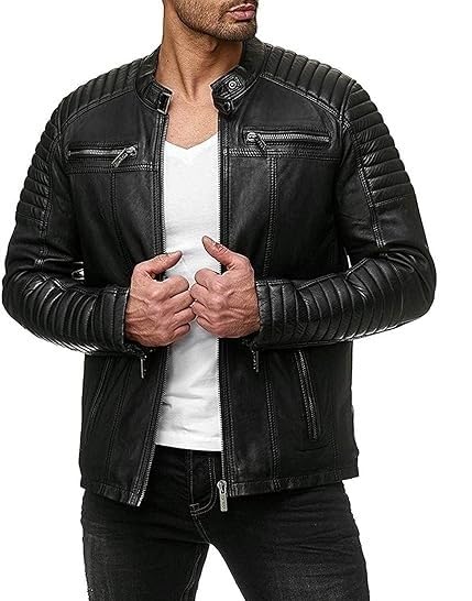 Chaqueta para hombre NEMS de cuero negro ajustada tipo biker miniatura 1