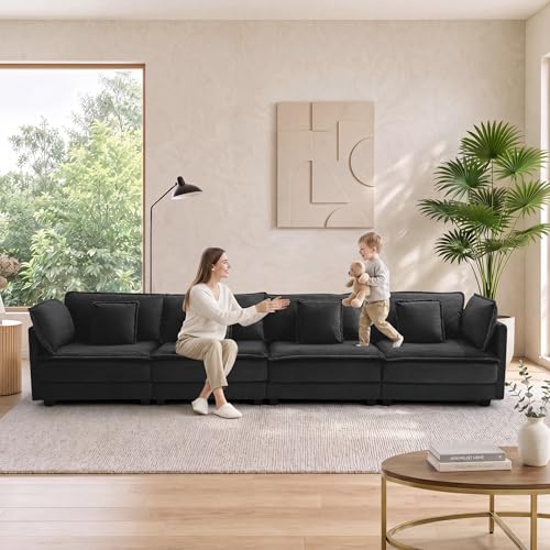 Image of Corduroy Sectional Couch, 4 Seater 149.2 inch Cloud Couch, Modular Deep Seat Sofa with Pillows for Living Room, Apartment, Black