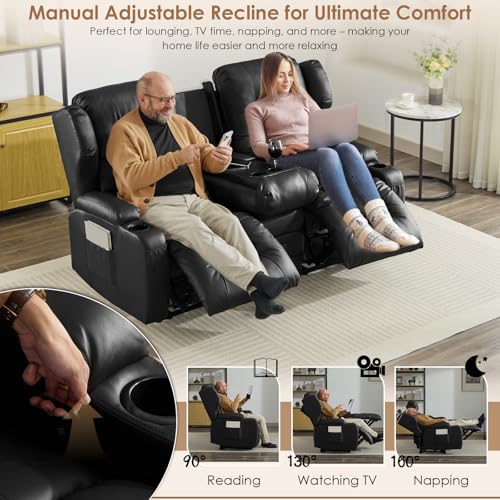 Image of SAMERY 67.6 inch Loveseat Recliner Sofa | Double Recliner Sofa & Console | Wall Hugger Loveseat Reclining RV Theater Seats | RV Couch Home Theater Seating Furniture (Faux Leather Black)