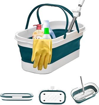 Collapsible Mop Wash Basin Bucket with Handle and Wheels, 12L 3.2 Gallon Portable Plastic Basket Crate Tub for Storage Organization, Foldable Water Bin Container for Cleaning, Car Washing, Blue