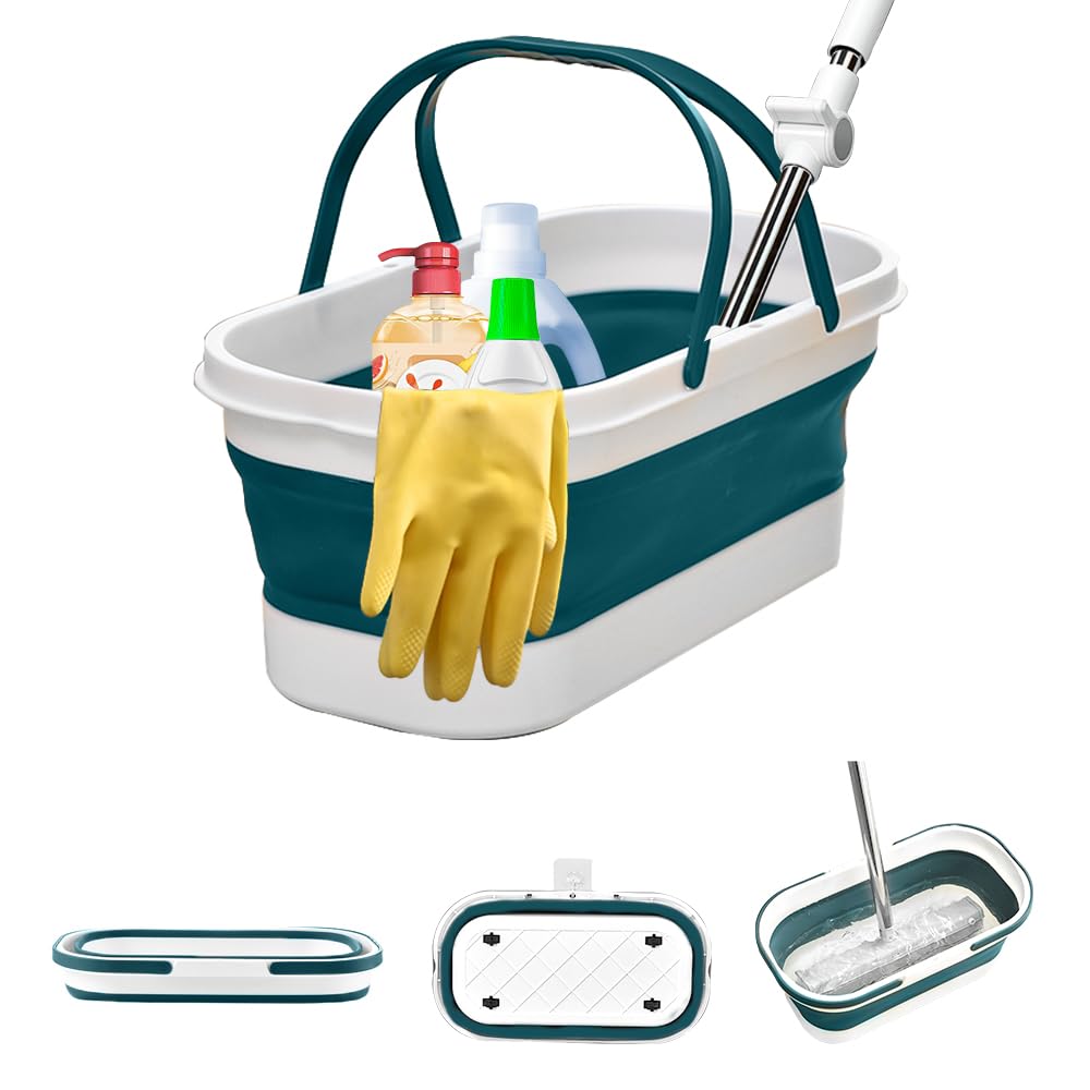 Collapsible Mop Wash Basin Bucket with Handle and Wheels, 12L (3.2 Gallon) Portable Plastic Basket Crate Tub for Storage Organization, Foldable Water