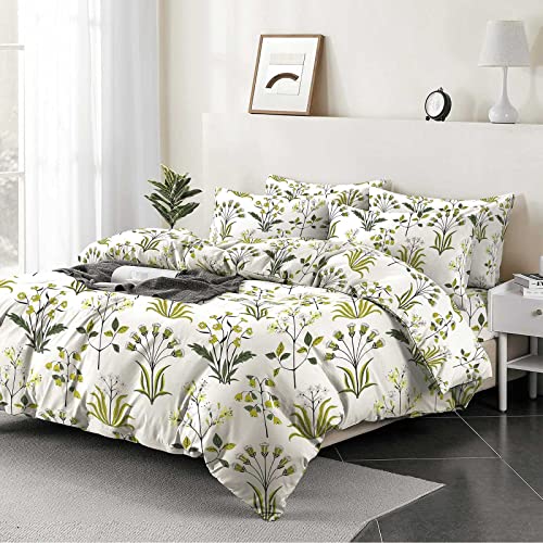 Cotton Comfort Bedding 4PCS 100% Egyptian Printed Duvet Cover Set with Fitted Sheet and 2 Pillowcases - 400 Thread Count King Size Reversible Floral (Fern Green, Double)