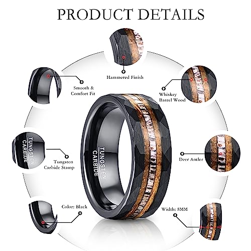NUNCAD 8mm Tungsten Ring for Men, Black Inlaid Whisky Barrel Wood Antler Hammered Tungsten Wedding Bands Customize Engraved Ring Fit Men Women Size 7-123