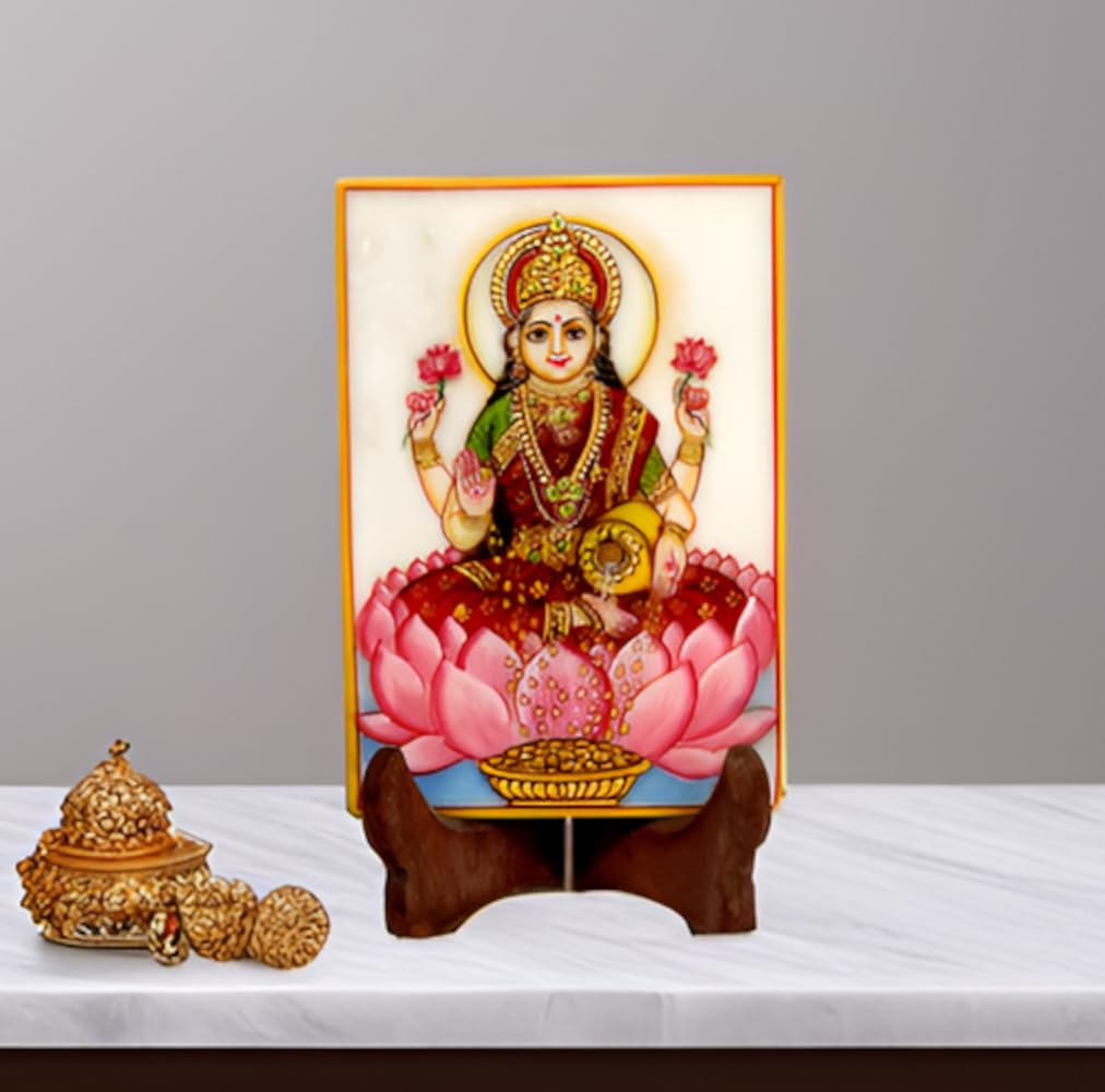 Purpledip Marble Painting Lakshmi: Hand Painted Tile with Gold Work, 6x4 Inches Indian Gift Souvenir (12090)