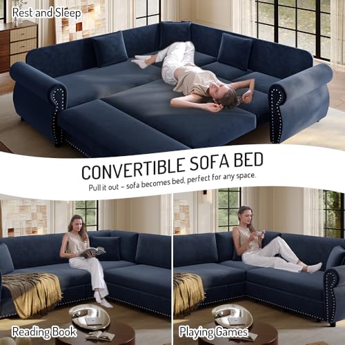 Image of KCGKCG 88.2 inch Sleeper Sofa Bed, Sectional Couches for Living Room /Apartment, Chenille L Shaped Couch with Pull Out Couch Bed, Convertible Sectional Sofa with Rolled Arm & Nailhead Trim, Blue